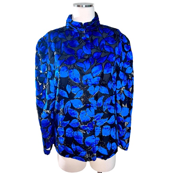 Vintage Tops - Vintage Blue Velvet Velour Sparkle Burnout Sleeve Top/Jacket M/L